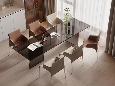 Modern Dining Table Set with Black Glossy Top and Brown Beige Chairs in Bright Room 3d model
