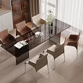 Modern Dining Table Set with Black Glossy Top and Brown Beige Chairs in Bright Room