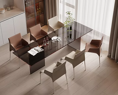 Modern Dining Table Set with Black Glossy Top and Brown Beige Chairs in Bright Room 3d model