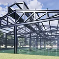 Industrial Workshop With Steel Structure Frame Glass Walls And Vintage Car On Green Floor