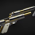 Two Engraved Pistols With Gold Accents Light Colored Grips And Magazine