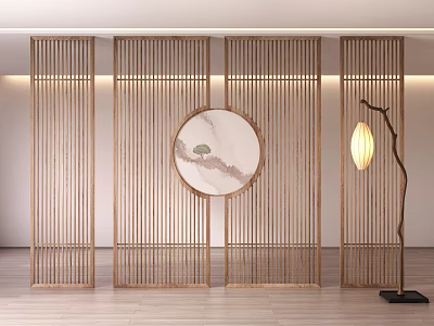 Elegant Interior Design with Wooden Vertical Slat Room Divider Circular Ink Painting and Floor Lamp 3d model