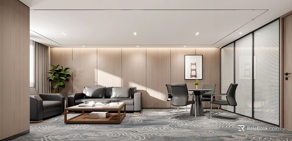 Modern Lounge Area With Leather Sofa Coffee Table Wooden Wall Panels And Patterned Rug 3d model 