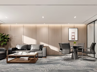 Modern Lounge Area With Leather Sofa Coffee Table Wooden Wall Panels And Patterned Rug 3d model
