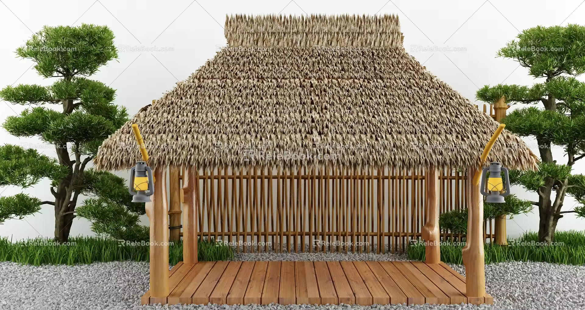 Modern thatched pavilion courtyard landscape sketch 3d model