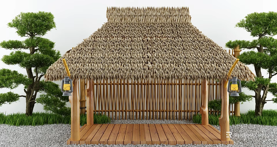 Traditional Pavilion Featuring Thatch Roof Bamboo Fence Wooden Floor Hanging Lanterns And Green Plants 3d model 