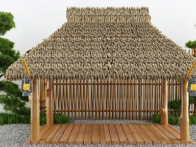 Traditional Pavilion Featuring Thatch Roof Bamboo Fence Wooden Floor Hanging Lanterns And Green Plants 3d model