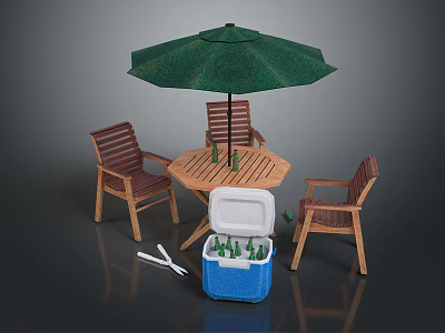 Outdoor Furniture Set Featuring Green Umbrella Hexagonal Wooden Table Four Chairs And Blue Cooler 3d model