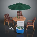 Outdoor Furniture Set Featuring Green Umbrella Hexagonal Wooden Table Four Chairs And Blue Cooler