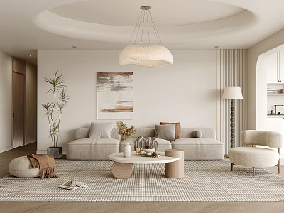 Elegant Modern Living Room Interior With Light Sofa Round Coffee Table Chandelier And Wall Art 3d model