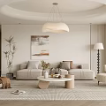 Elegant Modern Living Room Interior With Light Sofa Round Coffee Table Chandelier And Wall Art
