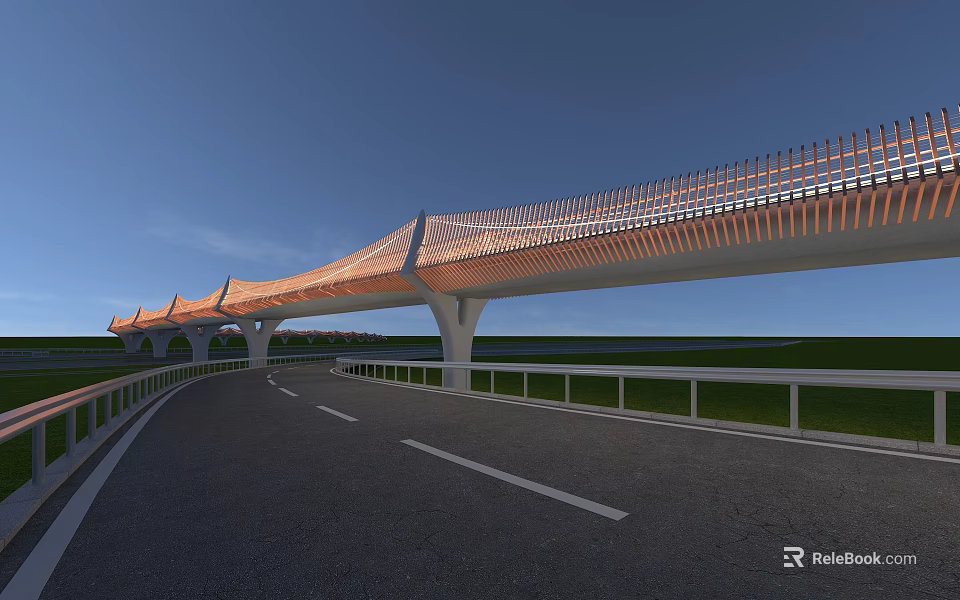 Modern Orange Footbridge Design With White Pillars Over Road And Green Field 3d model 