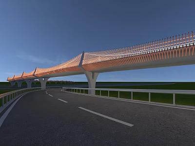 Modern Orange Footbridge Design With White Pillars Over Road And Green Field 3d model