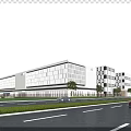 Modern Industrial Factory Building With Glass Facade Trees Roads and Clear Blue Sky
