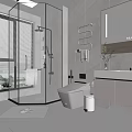 Modern Bathroom Interior With Glass Shower Enclosure Large Window White Vanity And Marble Countertop