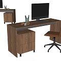 Wooden Office Desk With Computer Monitor Keyboard Drawer Cabinet And Chair