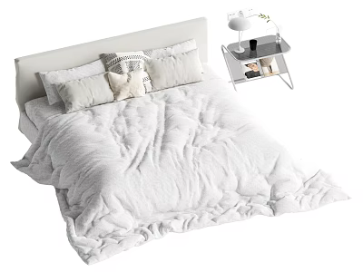 Modern Double Bed Interior With White Fluffy Quilt Pillows And Bedside Table 3d model