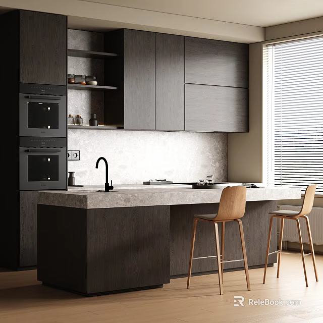 Modern Kitchen Interior With Dark Cabinets Island Counter Faucet Appliances And Wooden Chairs 3d model 