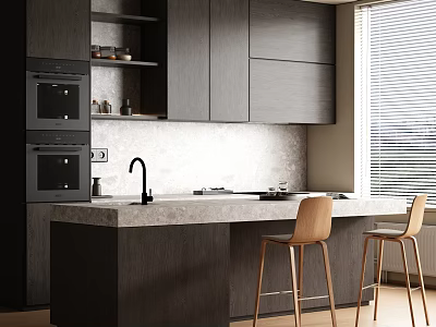 Modern Kitchen Interior With Dark Cabinets Island Counter Faucet Appliances And Wooden Chairs 3d model