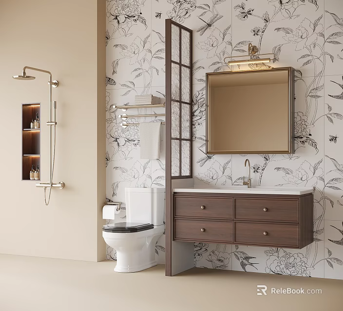 Bathroom Vanity Cabinet With Mirror Light Fixture Floral Wallpaper And Toilet 3d model 