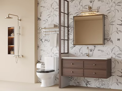 Bathroom Vanity Cabinet With Mirror Light Fixture Floral Wallpaper And Toilet 3d model