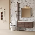 Bathroom Vanity Cabinet With Mirror Light Fixture Floral Wallpaper And Toilet