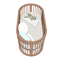 Wooden Oval Baby Crib With Striped Pillow White Cushion And Stuffed Animal Toys
