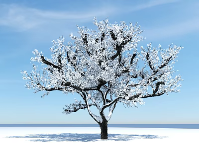 Snow Covered Tree Against Blue Sky Background With Snowy Ground Below 3d model