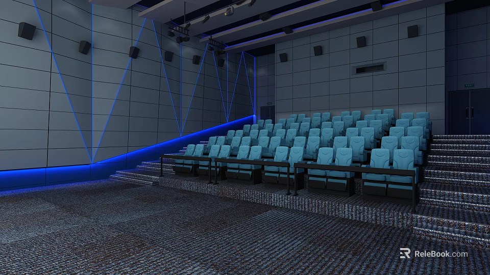 Modern Cinema Interior With Blue Seats Staircase Arrangement Gray Walls And Blue Lighting 3d model 