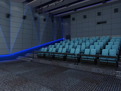 Modern Cinema Interior With Blue Seats Staircase Arrangement Gray Walls And Blue Lighting 3d model