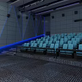 Modern Cinema Interior With Blue Seats Staircase Arrangement Gray Walls And Blue Lighting
