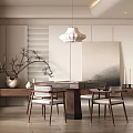 Minimalist Japanese Entertainment Room With Wooden Furniture Tea Area And Hanging Lamp