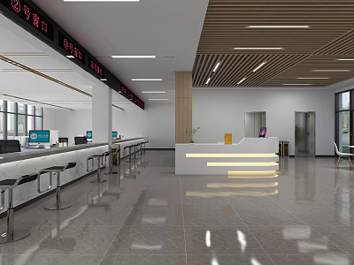 Modern Government Service Hall Interior With Service Counters Computers And Information Displays 3d model