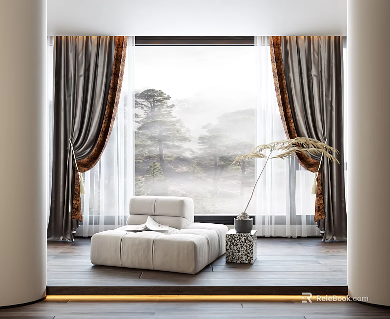 Modern Curtains With Sheer Inner Decorative Edges In Living Room White Sofa Scenic Mountain View 3d model 