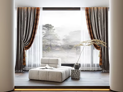 Modern Curtains With Sheer Inner Decorative Edges In Living Room White Sofa Scenic Mountain View 3d model