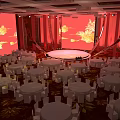Elegant Banquet Hall With Round Stage Red Backdrop Golden Patterns And Warm Lighting