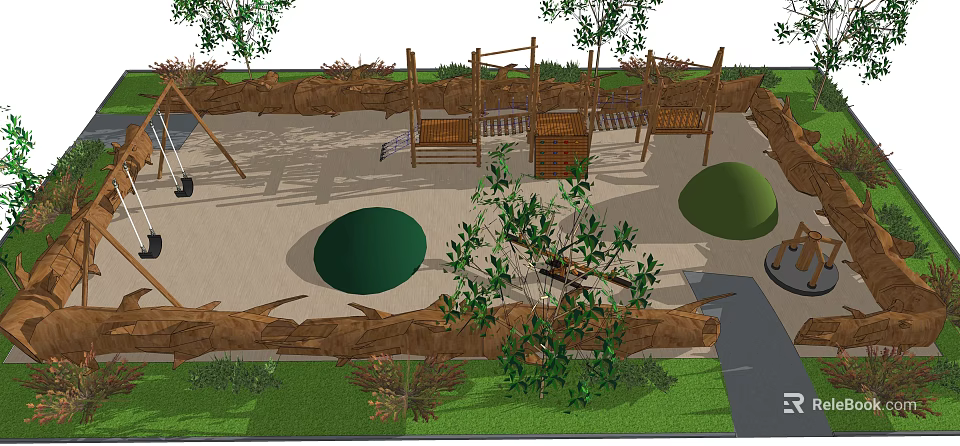 Children's Play Area With Sand Pit Wooden Climbing Structures And Green Plants 3d model 