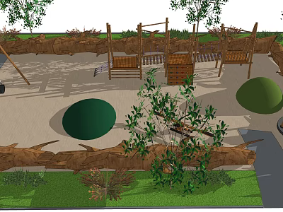 Children's Play Area With Sand Pit Wooden Climbing Structures And Green Plants 3d model