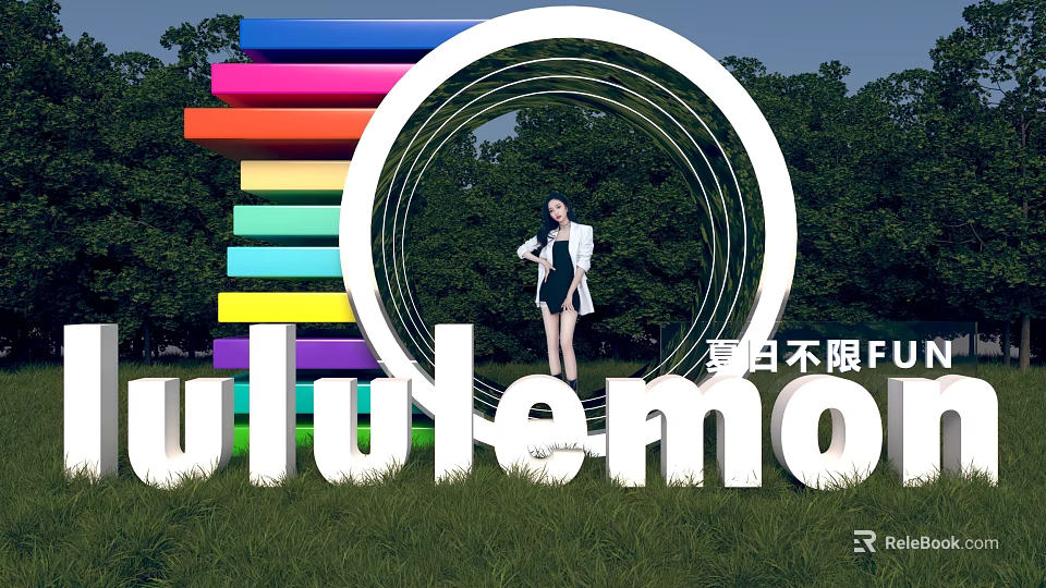 Lululemon 3D Letters With Rainbow Stripes Circular Structure And Female Model In Outdoor Green Grass 3d model 