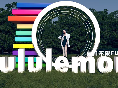 Lululemon 3D Letters With Rainbow Stripes Circular Structure And Female Model In Outdoor Green Grass 3d model