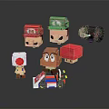 Pixel Style Mario Character Dolls with Mushroom and Racing Car Accessories in Colorful Design