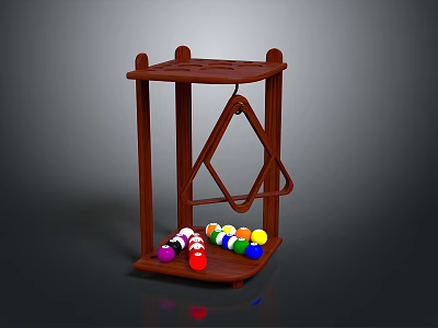Brown Wooden Billiard Ball Display Rack With Colorful Balls And Geometric Frame 3d model
