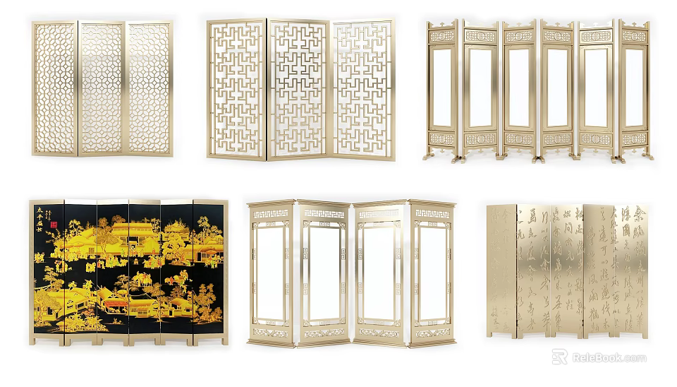 Elegant Golden Room Dividers With Lattice Patterns And Multi Panel Design 3d model