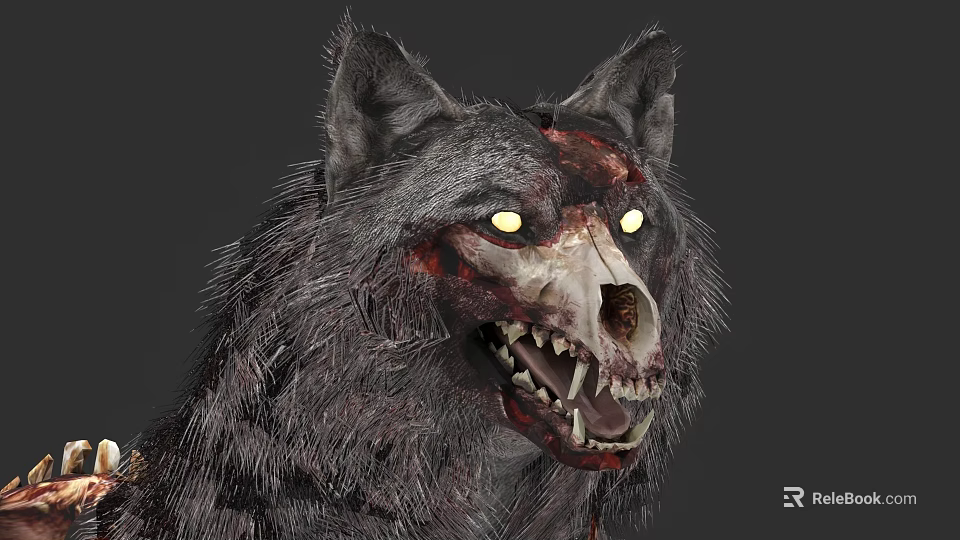 Horror Wolf Head With Skull Features Glowing Yellow Eyes Sharp Teeth And Bloodstains 3d model 