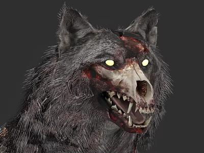 Horror Wolf Head With Skull Features Glowing Yellow Eyes Sharp Teeth And Bloodstains 3d model