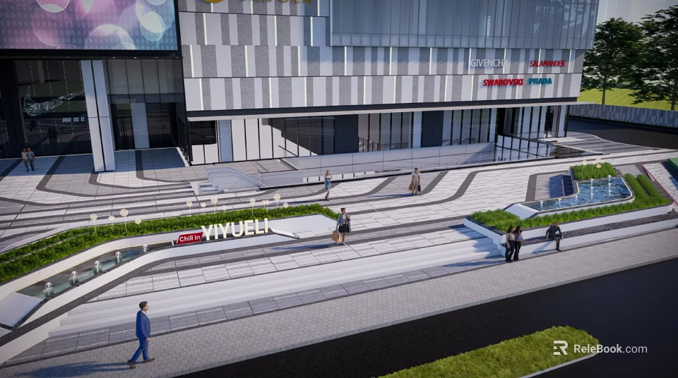 Aerial Planning Of Urban Plaza With Modern Buildings Pedestrians And Landscaped Walkways 3d model 