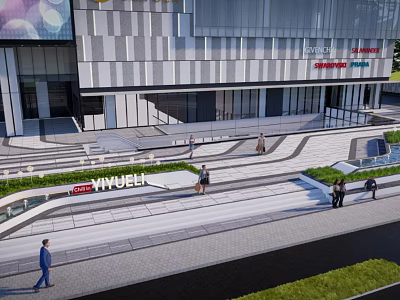 Aerial Planning Of Urban Plaza With Modern Buildings Pedestrians And Landscaped Walkways 3d model
