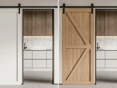 Modern Kitchen Interior With Sliding Wooden And White Barn Door And Cabinets 3d model