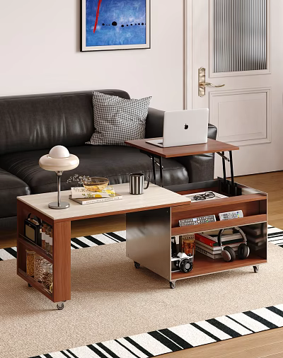 Modern Wooden Coffee Table With Marble Top Lamp Mug Magazines And Storage Shelves 3d model