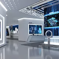 Tech Savvy Modern Exhibition Hall With Blue Display Screens Interactive Installations And Information Charts